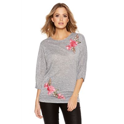 Quiz Grey And Pink Embroidered Light Knit Batwing Top